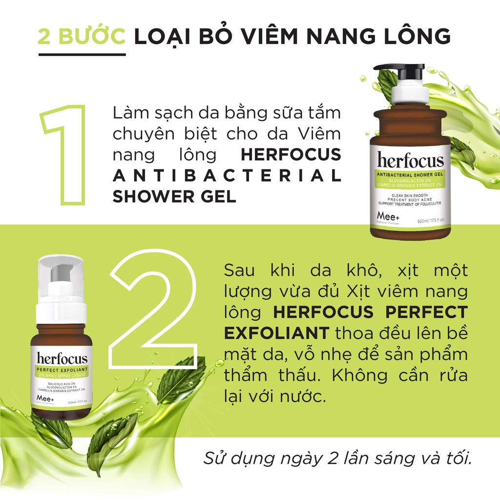 Viêm nang lông, viêm lỗ chân lông HERFOCUS - Xịt viêm nang lông 2% BHA 100ml Mee Natural giảm mụn lưng thâm lưng