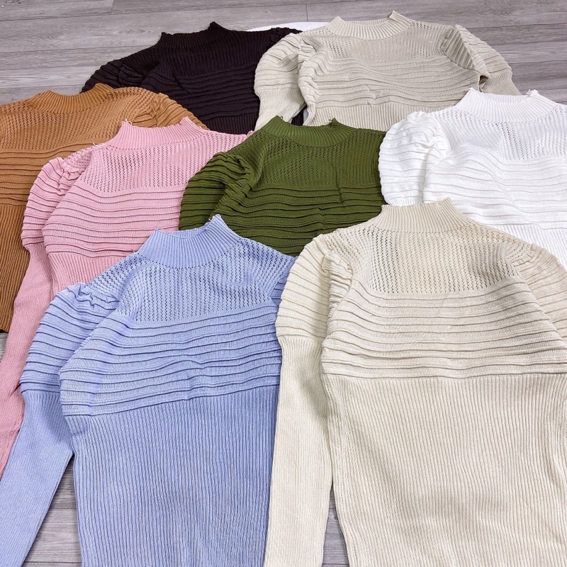 Áo Len Tay Bồng Phối Ren Cổ 3 Phân Áo Kiểu Dài Tay Thu Đông