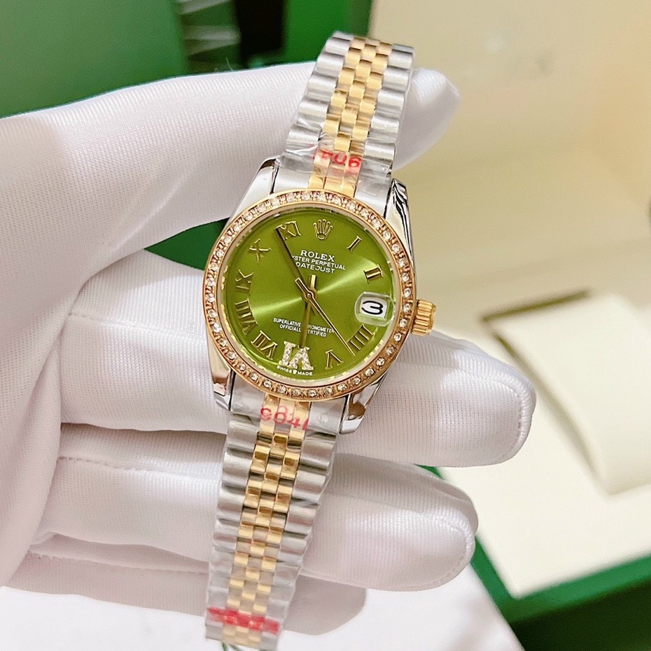 Đồng Hồ Thời Trang Sang Trọng Dành Cho Nữ Rolex Hàng Cao Cấp VIền Đính Đá, Dây Thép Không Gỉ, Size 32mm Bảo Hành 3 Tháng