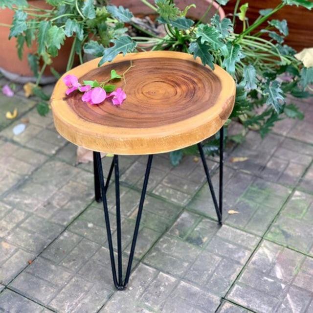 Ghế Đôn Tròn Gỗ Xà Cừ Nuyên Khối, Chân Sắt Hairpin