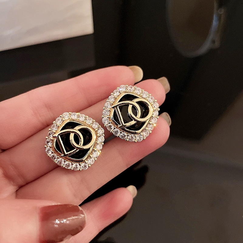 Khuyên Tai Nữ Hình Vuông Bằng Đồng Đính Đá zircon Đen Sang Trọng