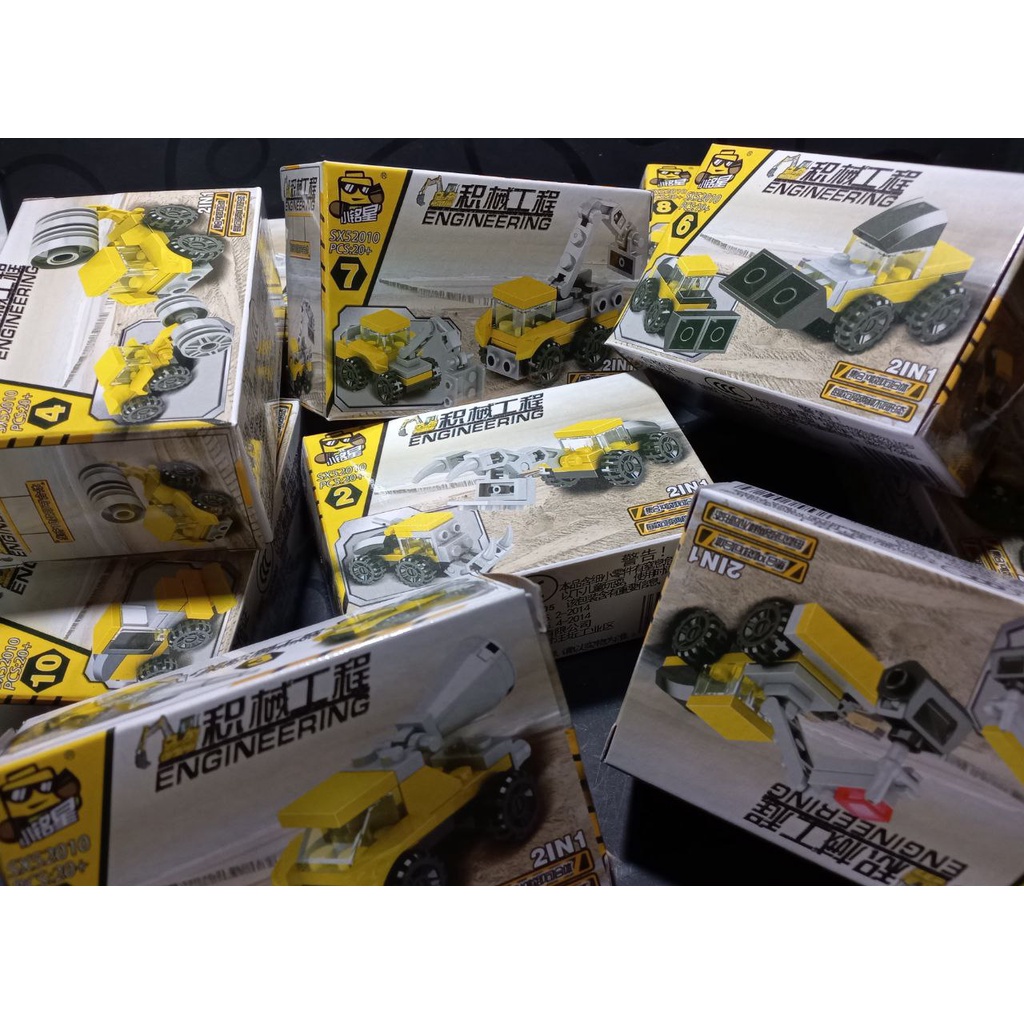 Bộ Gạch Nhựa Xếp Hình Mô Hình Xe Cần Cẩu, Xe Đục, Đồ Chơi Giáo Dục Mini 10in1 Cho Bé Mẫu Xe Xây Dựng, Hộp 10cm, 07040
