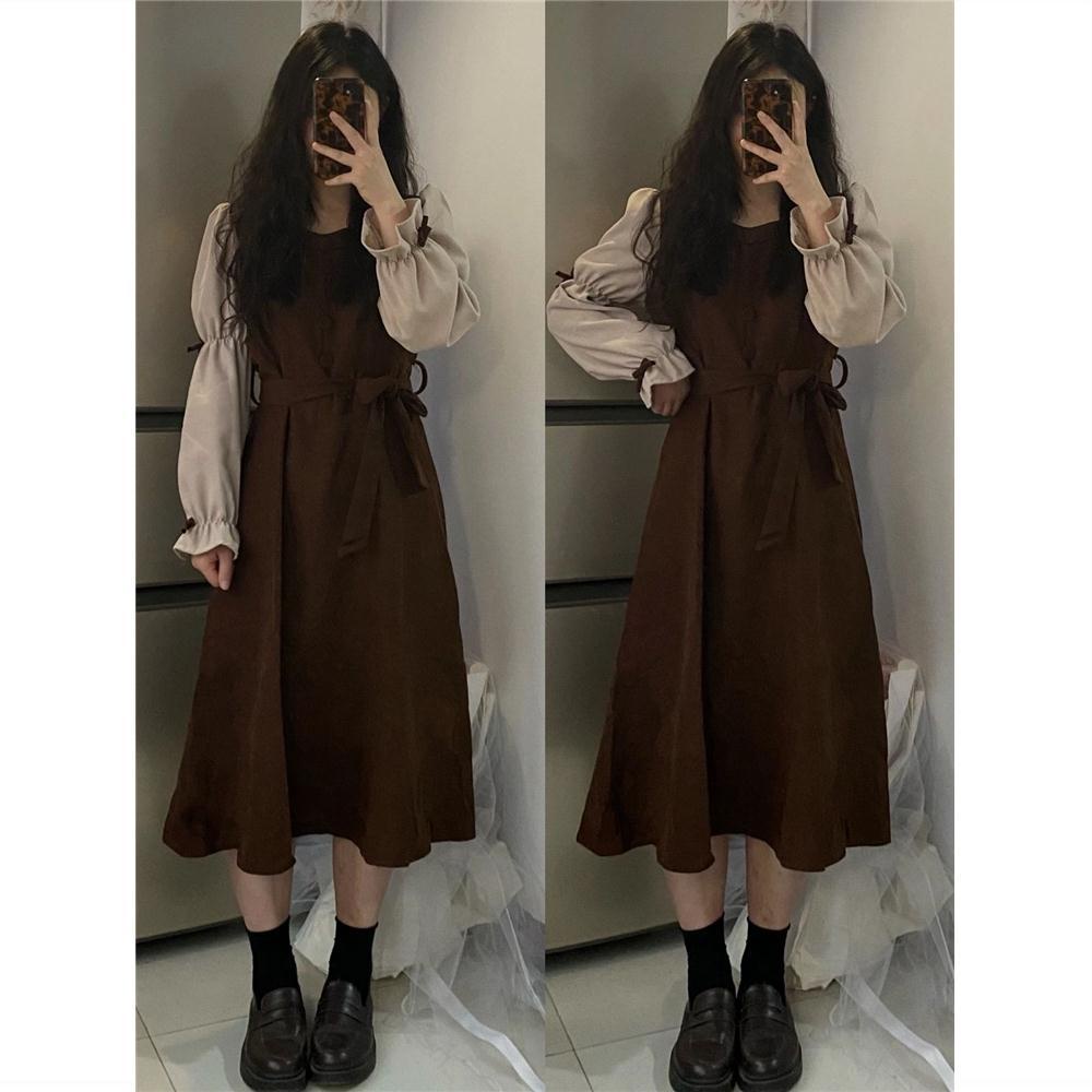 Váy babydoll  chân váy dài Đầm Nữ Dài Tay Cổ Tròn Form Rộng Thời Trang Hàn Mới