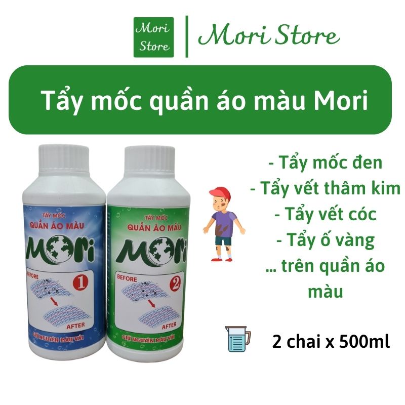 Tẩy mốc quần áo màu MORI- TẨY SẠCH MỐC trên quần áo mà không làm phai màu, set 2 chai x 500ml