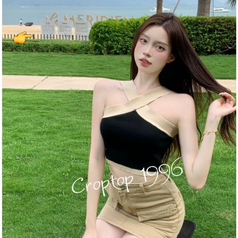 Áo kiểu croptop chéo dây cổ viền màu cực xinh , chất thun bozip mềm mịn
