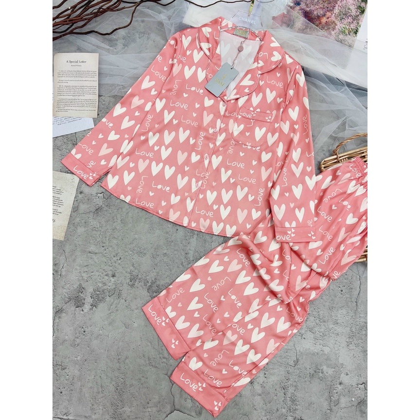 Bộ đồ mặc nhà Sam mới, set đồ ngủ pijama lụa Luxury mềm mịn dáng dài cao cấp họa tiết tim trẻ trung nữ tính