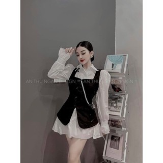 [11.11 Sales Freeship] Set đầm nữ 2 món tiểu thư, đàm trắng sơ mi tay loe kèm áo khoác đen ngoài đi chơi dễ thương dx