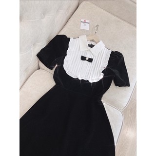 Đầm nhung phối cổ trắng đính nơ (Có bigsize)