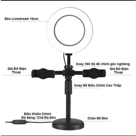Đèn livestream để bàn 2 kẹp điện thoại tiện dụng 3 Chế độ sáng Hỗ trợ chiếu sáng Makeup Livestream
