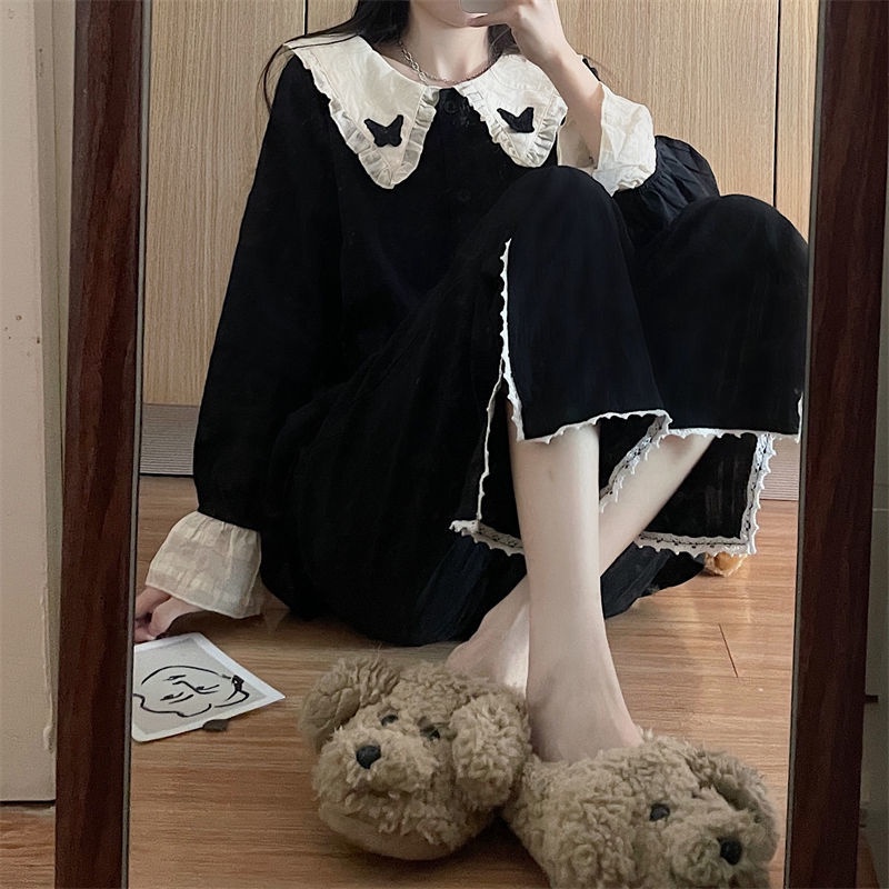 Bộ Đồ Ngủ Dài Tay Màu Đen Đính Nơ Thời Trang Xuân Thu Cho Nữ