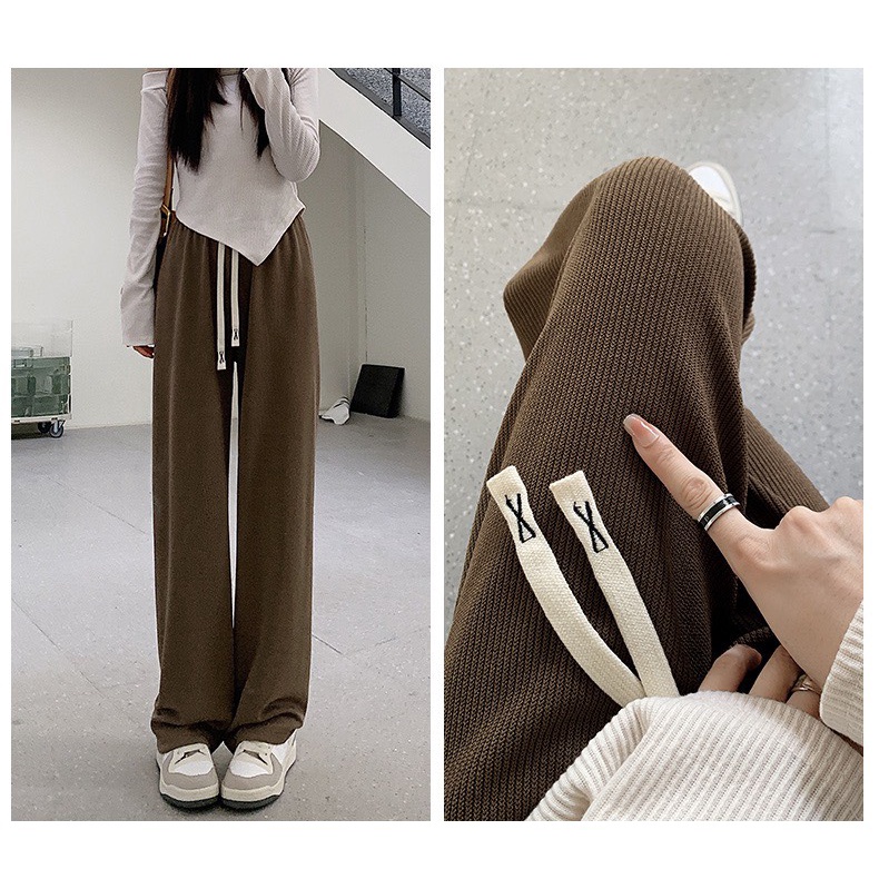 Quần ống rộng nỉ nhung tăm Unisex kiểu quần dài ống suông cạp chun lưng cao có dây rút Ailee QNU 008