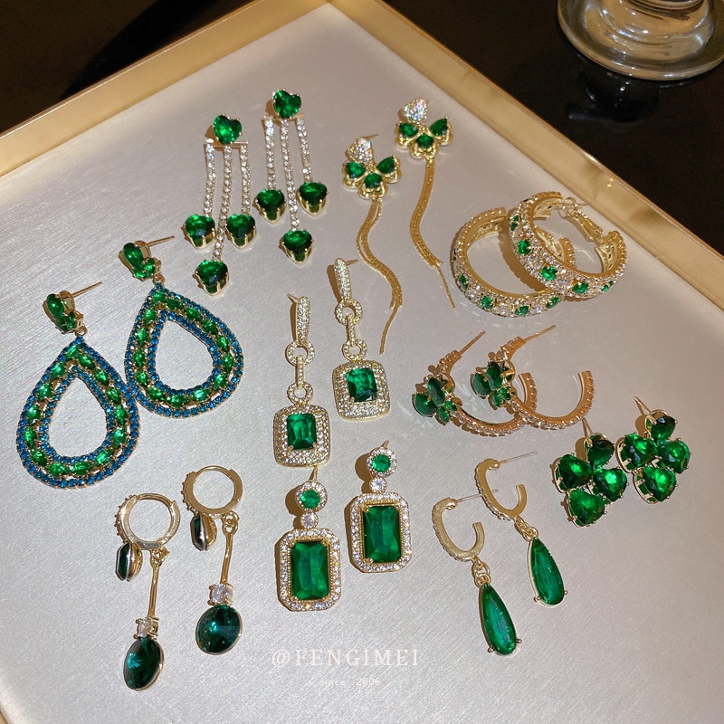 1 Đôi Bông Tai Hình Học Đính Đá Zircon Xanh Ngọc Lục Bảo Chất Lượng Cao Phong Cách Pháp Thời Trang