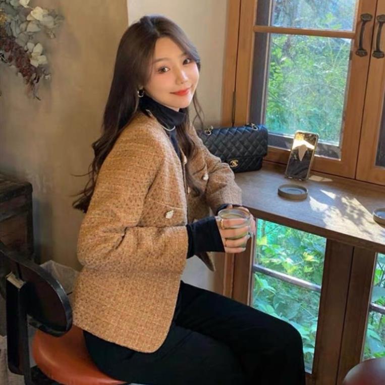 Áo Khoác/Áo dạ tweed màu nâu tây cực xinh phong cách sang chảnh