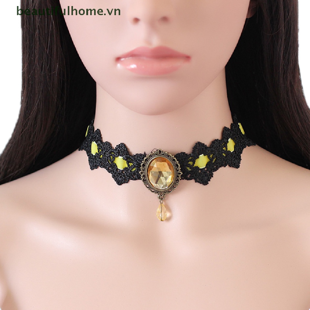 [beautifulhome] Vòng Cổ Choker Ren Nhung Đen Đính Pha Lê Phong Cách Gothic Cổ Điển [beauty]