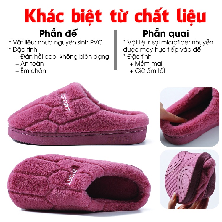 Dép bông đi trong nhà mùa đông, dép lông unisex đế cao su bám sàn tốt, mềm dẻo quai hoạt tiết đơn giản Sport TDO