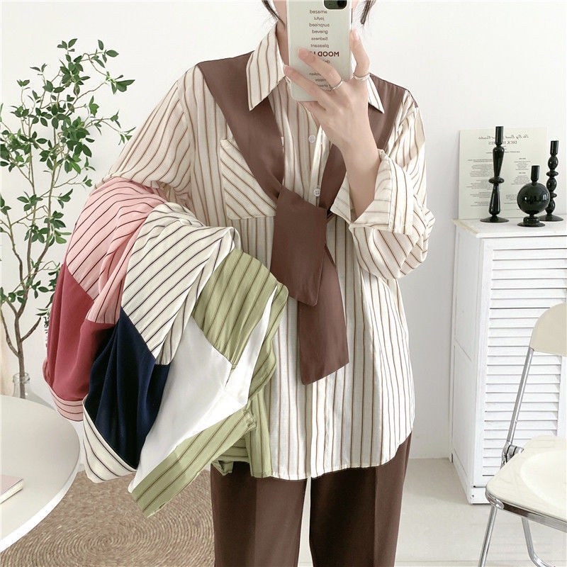 Áo sơ mi nữ kẻ sọc form rộng dài tay cổ quàng khăn may liền chất lụa oversize, Áo sơ mi kiểu cổ thủy thủ khăn quàng
