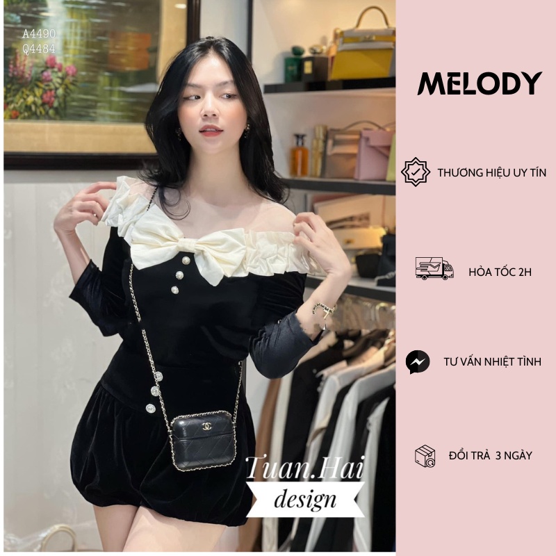 Áo Trễ Vai Đính Nơ Ngực Dài Tay Phối Ren Lưới Bánh Bèo Cực Xinh
