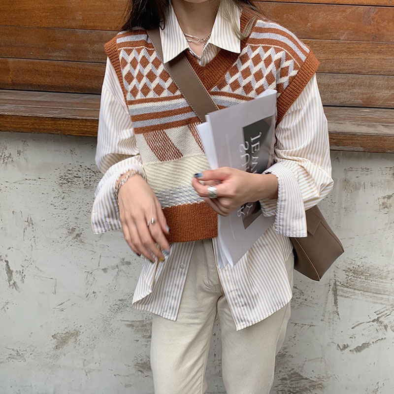 Áo Gile Nữ Áo Khoác Len Không Tay Dáng Rộng Họa Tiết Sọc Caro Thời Trang Thu Đông Aimeehouse