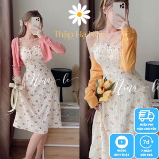  Váy 2 dây hoa nhí dáng dài Đầm hai dây vintage hở lưng kèm áo cardigan tay dài AS11 