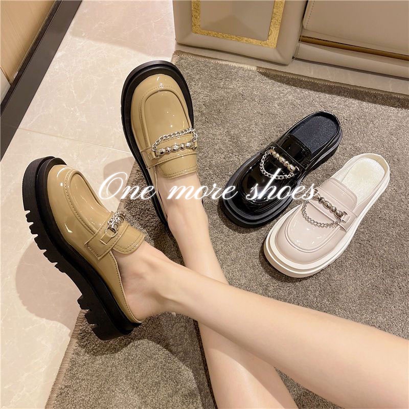 One more shoes⭐Dép đi trong nhà nửa đầu Baotou mới dành cho nữ Giày đế dày lười lười có dây xích