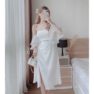Sét bộ đồ nữ áo cúp ngực phối tay voan kèm chân váy xẻ tà thiết kế sang chảnh đi làm
