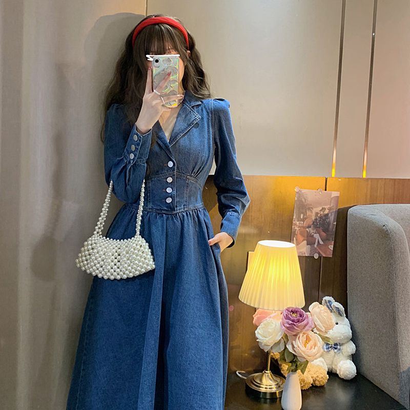 Plus Đầm Denim Cao Cấp Phong Cách Hoàng Gia Thời Trang Xuân Thu 2022 Dành Cho Nữ Có Size Lớn