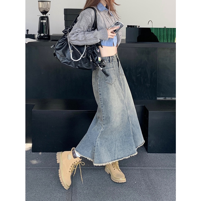 Chân váy jean đuôi cá QKOOLE lưng cao thời trang Hàn Quốc cho nữ