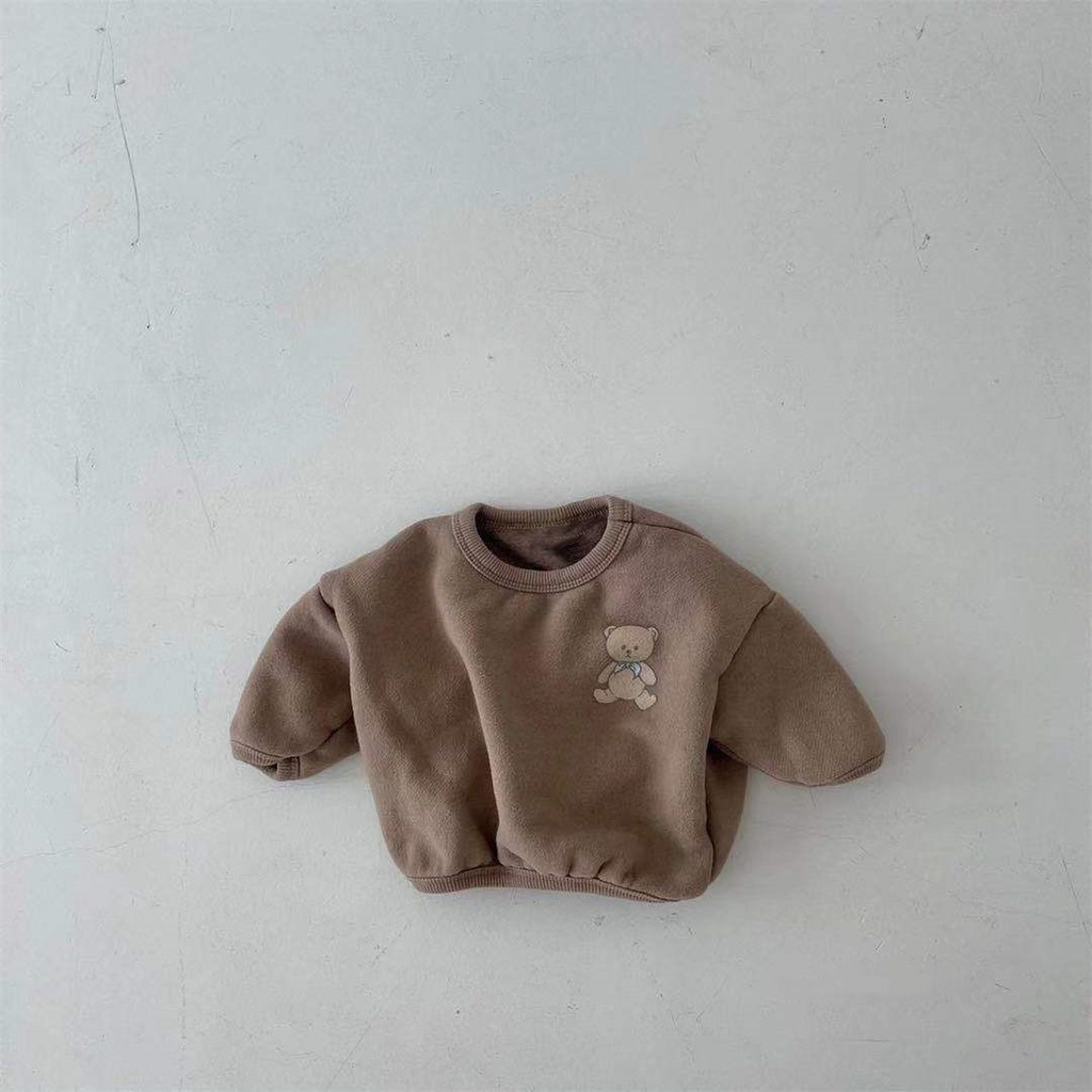 Áo Sweater Cotton Tay Dài Màu Trơn In Hình Gấu Dễ Thương Phong Cách Hàn Quốc Cho Bé Sơ Sinh