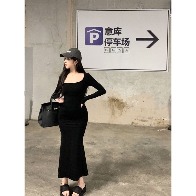 COZOK Đầm COZOK tay dài màu trơn kiểu dáng đơn giản quyến rũ hợp thời trang