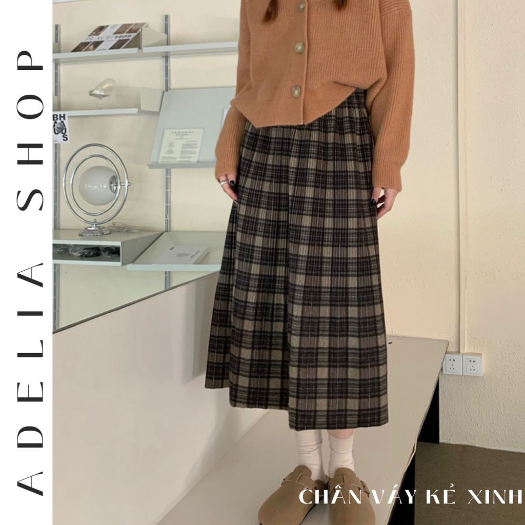 「ADELIA」Chân Váy Dạ Caro Vintage Dáng Dài Xòe Cạp Cao Dày Dặn Quảng Châu