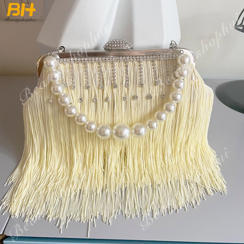 Túi Xách Đeo Vai Đính Ngọc Trai Phối Tua Rua Phong Cách Âu Mỹ Sang Trọng Dành Cho Nữ