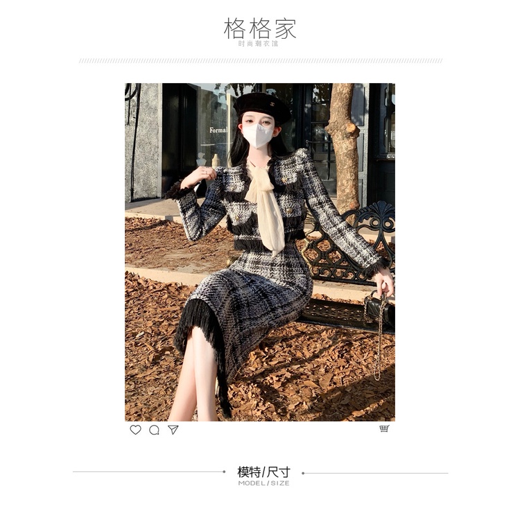 Set Áo Khoác Caro Và Chân Váy Tua Rua Thời Trang Thu Đông Cho Nữ