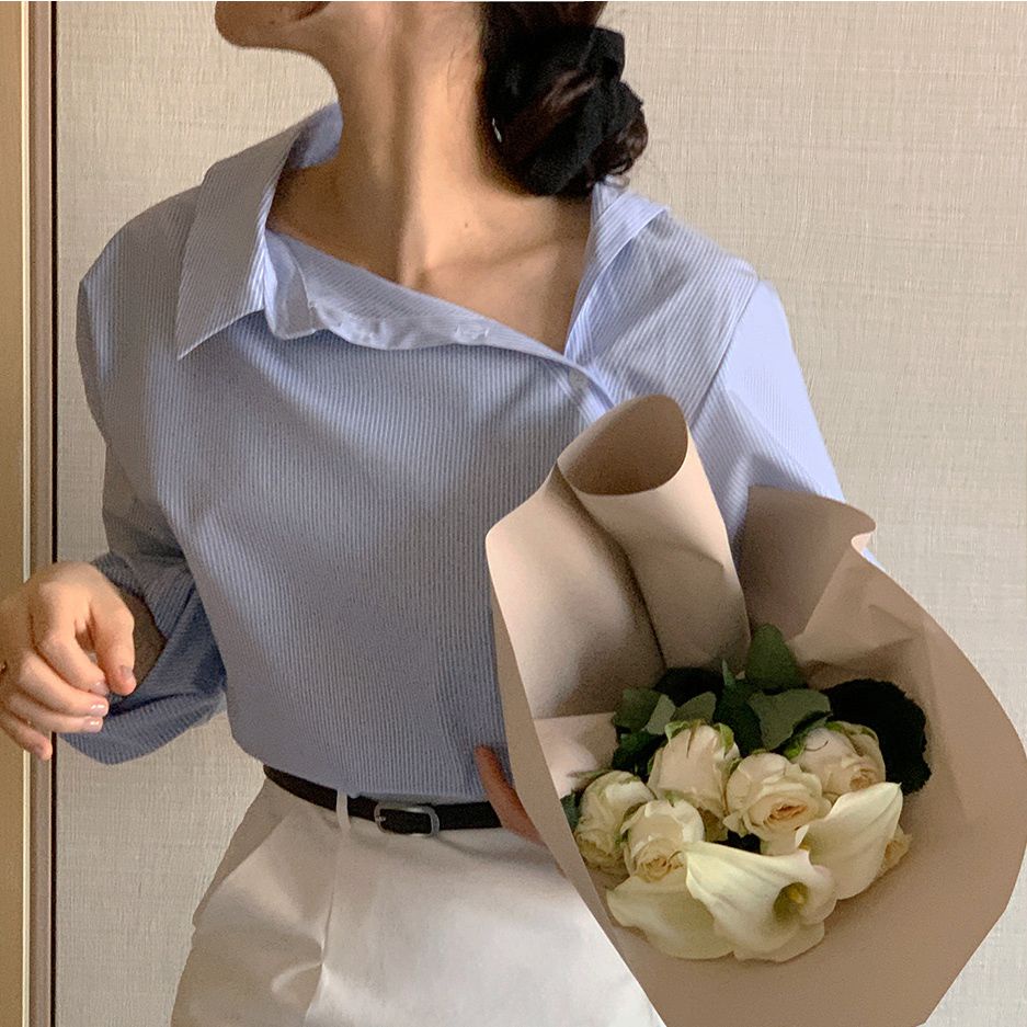 Áo Sơ Mi Kẻ Sọc Dáng Rộng Cài Nút Chéo Phong Cách Pháp Thời Trang Mùa Thu Cho Nữ