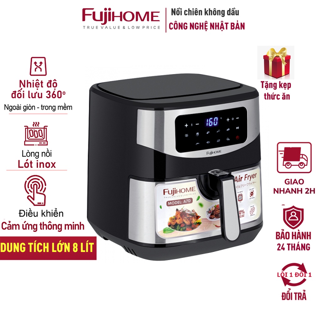 Nồi chiên không dầu 8L điện tử Fujihome Nhật Bản Nhập Khẩu, chống dính cao cấp, tự ngắt an toàn