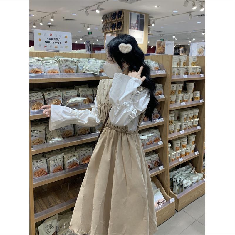 Váy babydoll váy mùa đông cho nữ váy dài Áo Sơ Mi Tay Phồng + Váy Xòe Bồng Bềnh Xếp Ly Cỡ Lớn Phong Cách Preppy Cho Nữ Sinh