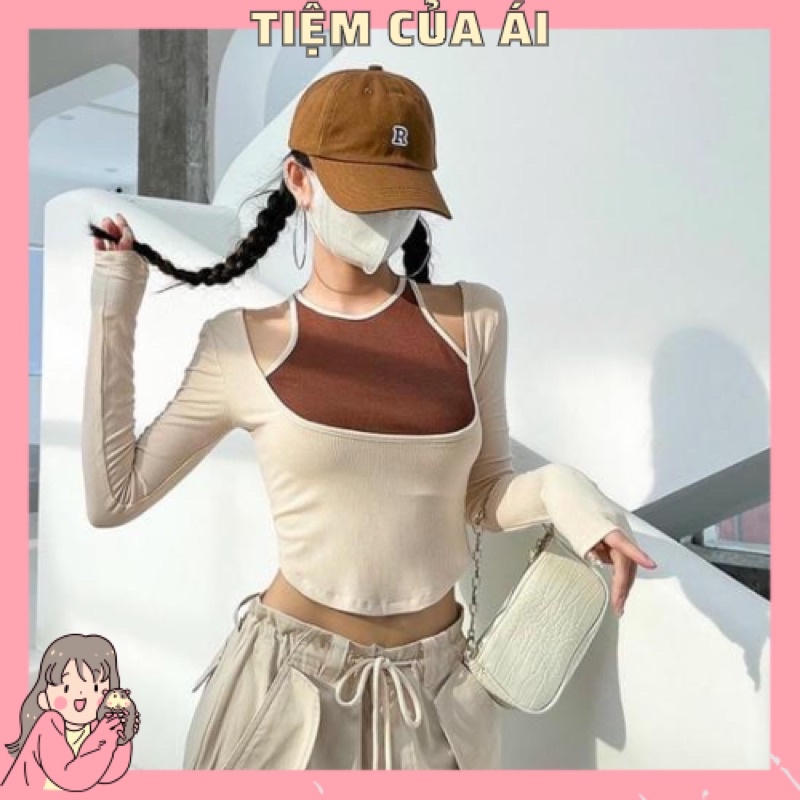 🌸 Áo croptop tay dài khoét vai vạt bầu - Áo kiểu nữ phối 2 màu đẹp lạ 🌸