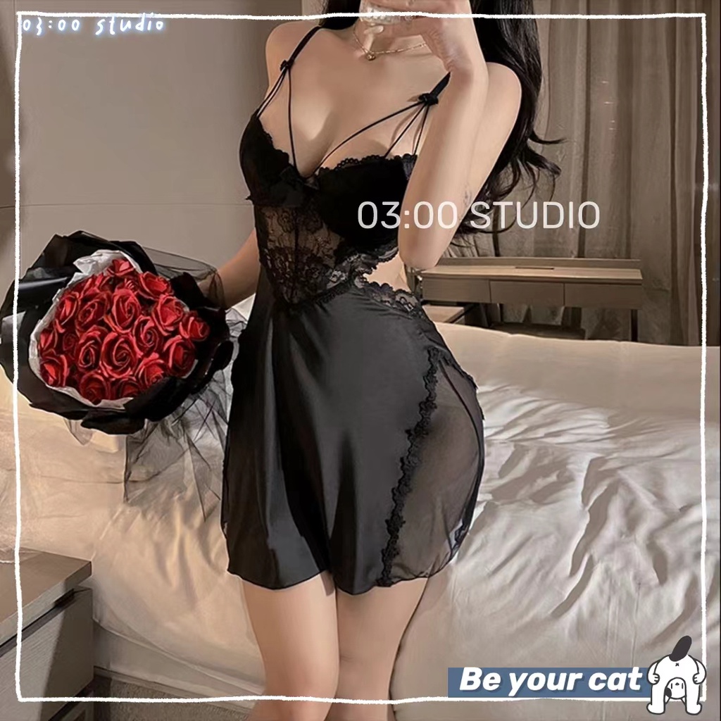 （Giao hàng bảo mật)🖤Váy ngủ sexy🖤Có mút+có gọng🖤gom ngực tạo khe🖤2 dây hở lưng đẹp phối ren body quyến rũ đen trắng--040 | BigBuy360 - bigbuy360.vn