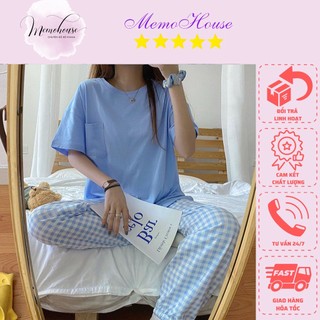 Đồ Bộ Thun Quảng Châu Cotton TNQD áo trơn quần caro
