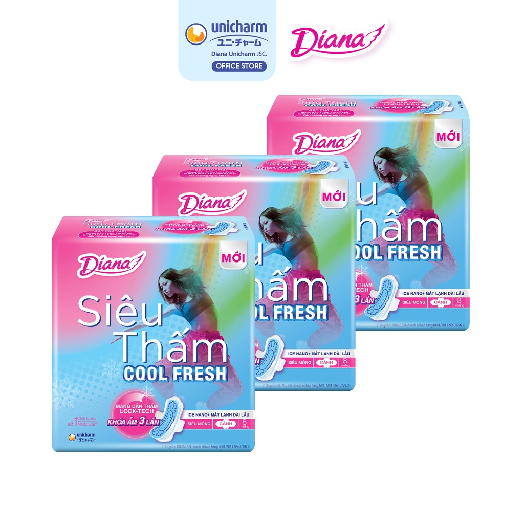 Bộ 3 gói băng vệ sinh Diana Siêu Thấm Cool Fresh Siêu Mỏng Cánh 8 miếng/gói