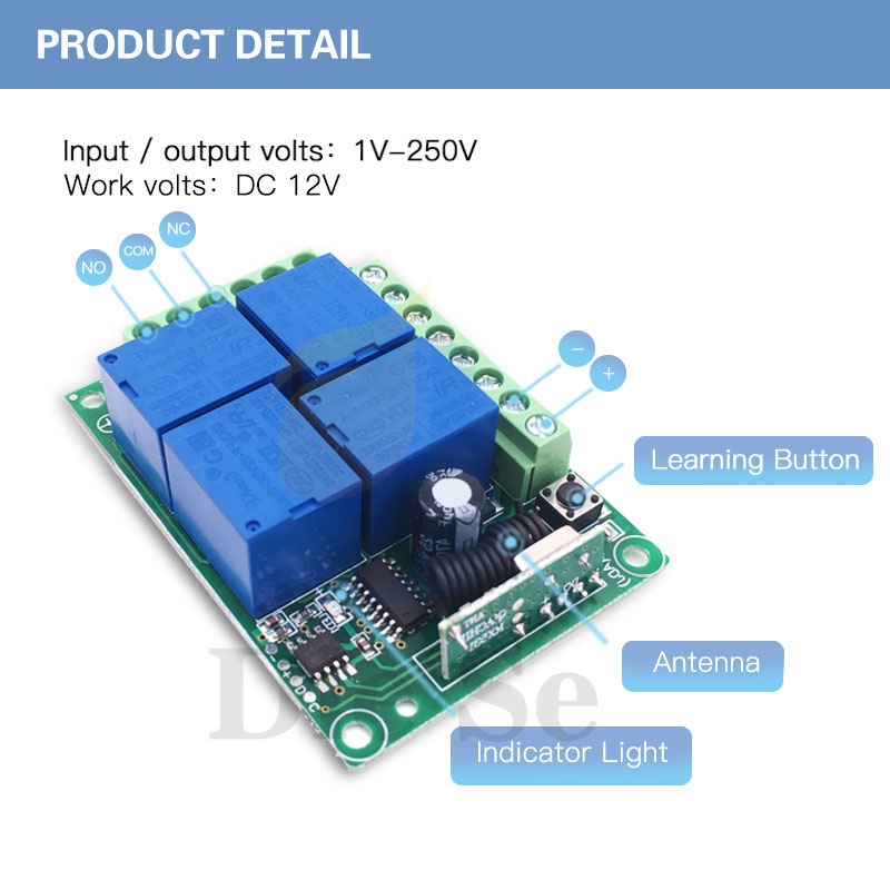 Bộ điều khiển từ xa DIESE không dây RF rơ le 433Mhz DC12V 4 gang thích hợp cho gara và công tắc đèn