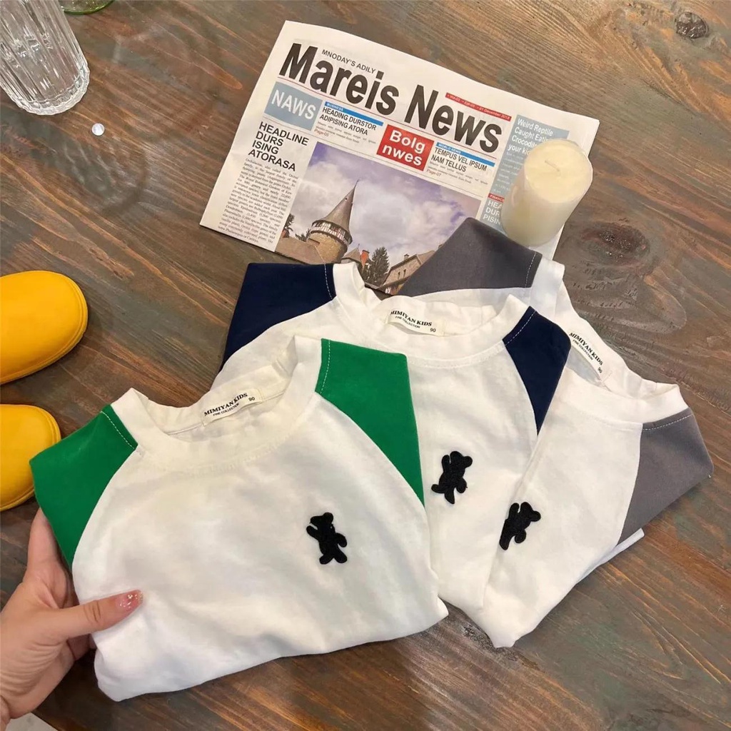 Áo Thun Tay Dài Dáng Rộng In Hình Gấu Màu Sắc Tương Phản Thời Trang Xinh Xắn Cho Bé