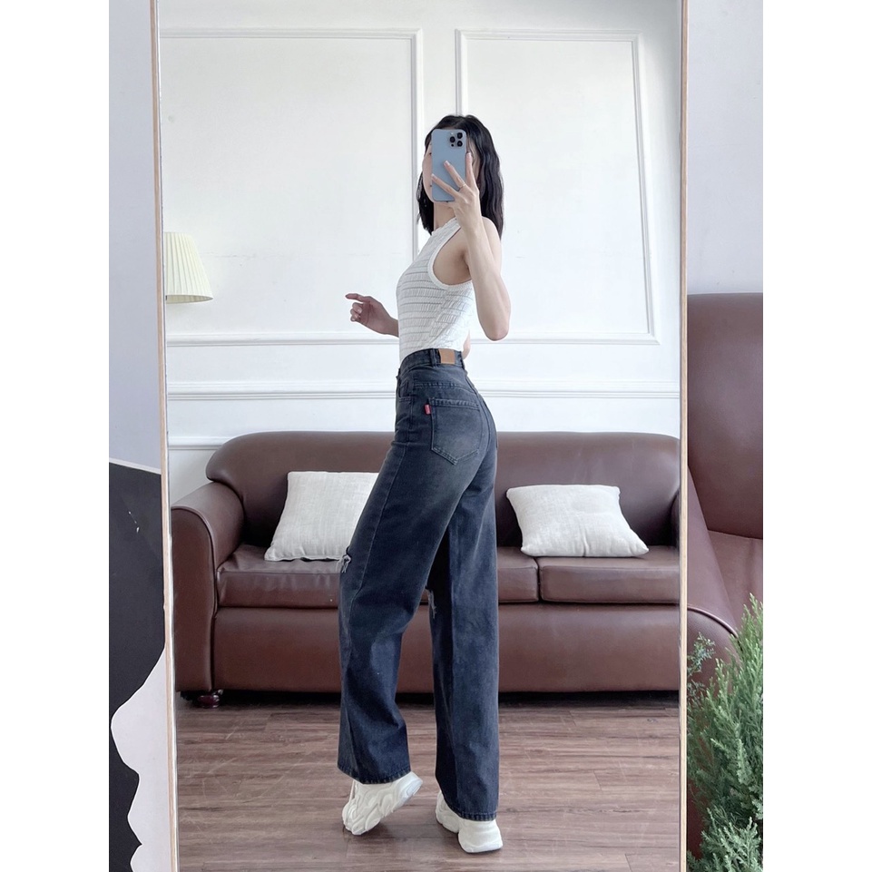 Quần Jeans ống rộng lưng cao Ulzzang hàng cao cấp, Quần Simple Jeans ống rộng cạp cao rách gối