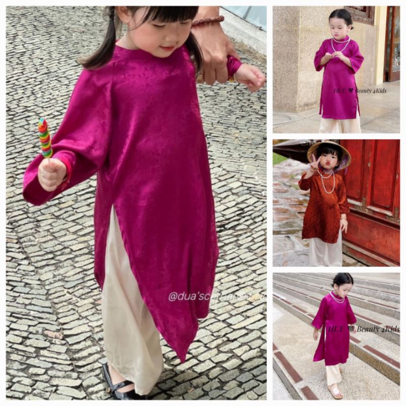 Áo Dài Cách Tân Bé Gái Gấm Lụa mềm 2 chi tiết