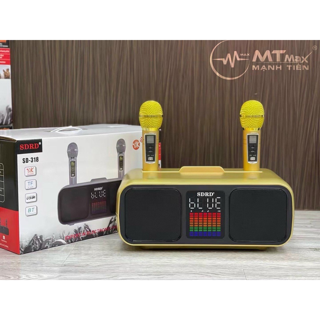 Loa karaoke bluetooth SD318 âm thanh hay nhỏ gọn phiên bản cao cấp. Tặng kèm 2 micro không dây có màn hình LCD