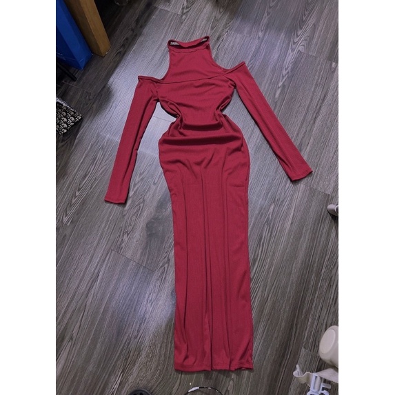 Đầm Body Gân Trễ Vai Tay Dài Đai Cổ Dáng Dài Ôm Body