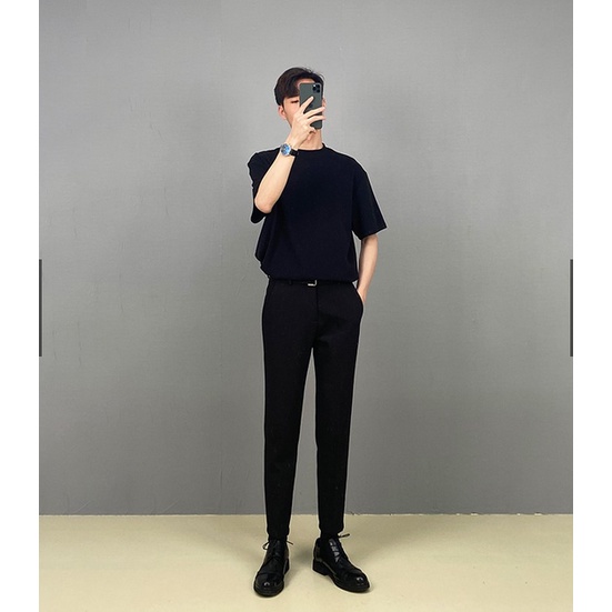 Áo thun nam trơn cổ cao mùa hè, phong cách trưởng thành nam tay lửng