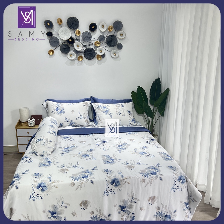 Bộ Chăn Ga Gối Lụa Tencel Coolsilk SAMY BEDDING Cao Cấp Mềm Mịn Thoáng Mát Màu Trắng Xanh Sang Trọng