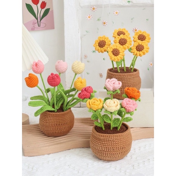 [THÀNH PHẨM NHƯ HÌNH] CHẬU HOA BẰNG LEN SỢI