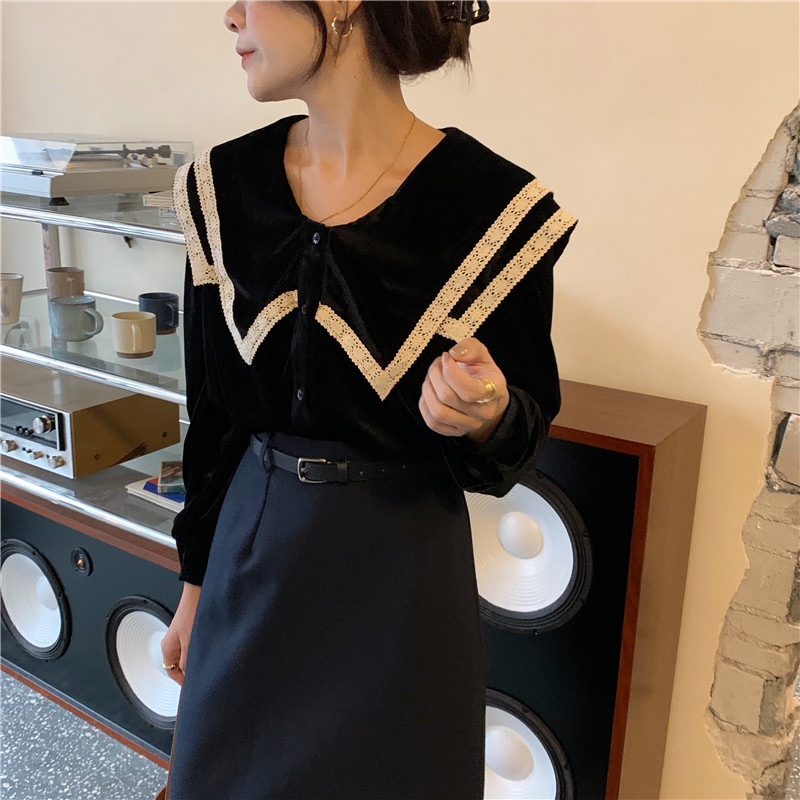 Áo nhung SUXI tay dài phối ren phong cách Hàn Quốc cổ điển thời trang dễ phối đồ dành cho nữ