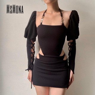 MsMona Nữ Thiết Kế Thời Trang Màu Trơn Đen Dây Dài Tay Nách Eo Rỗng Mỏng Phù Hợp Gợi Cảm Thường Ngày Phù Hợp Với Váy Mini